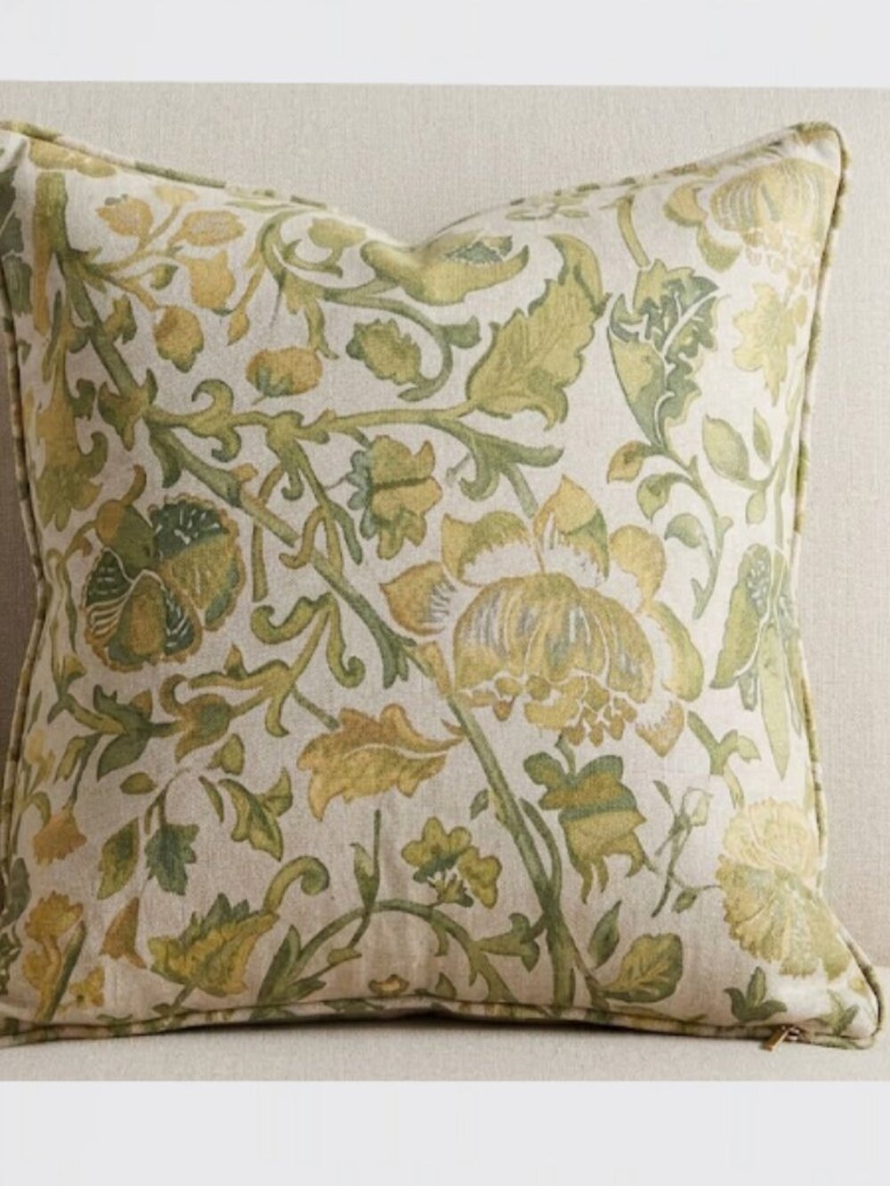 2 Pottery Barn Printed Floral Cotton Linen Pillow Cover Green Gold 20 x 20